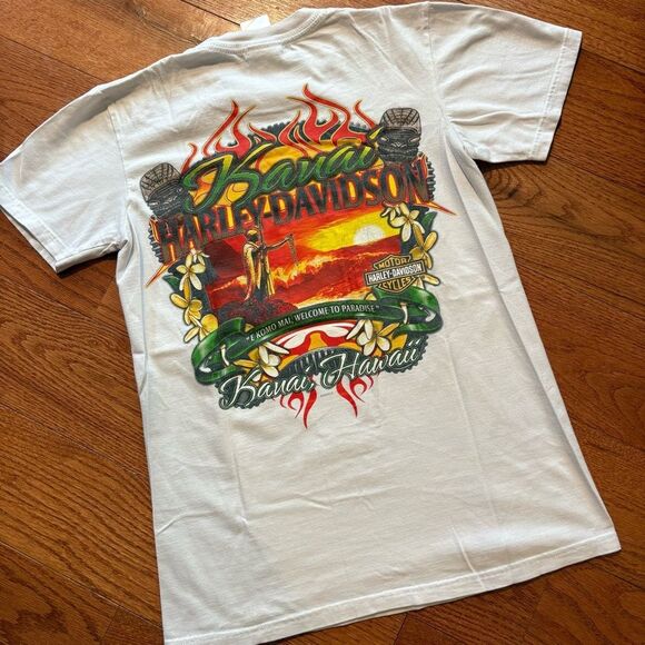 Harley-Davidson T Shirt Kauai Vintage White 2007 2009 Graphic Tee Flame Small - Picture 1 of 7